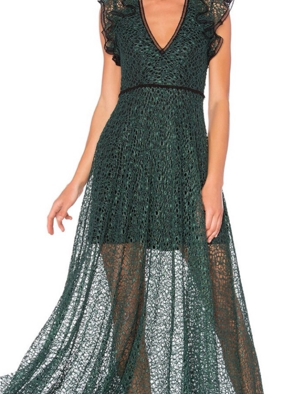 Alexis Dark Green Lace Maxi Dress with Ruffle Sleeves